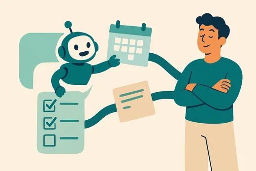 Illustration of a small robot stepping out of a chat bubble to tick a checklist and file a calendar card while a relaxed business owner watches, representing AI agents moving from answers to actions