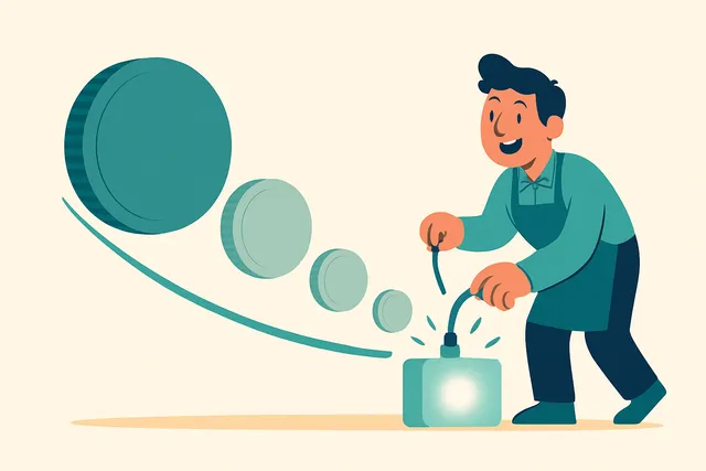Illustration of a large coin shrinking into smaller coins along a falling curve while a delighted business owner plugs in a small glowing machine, representing the falling cost of AI