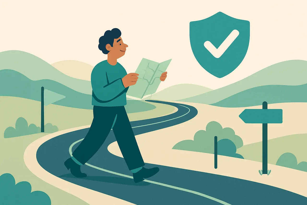 Illustration of a business owner walking a winding road with a map, passing milestone signposts under a shield with a tick, representing AI regulation as a clear timeline to follow
