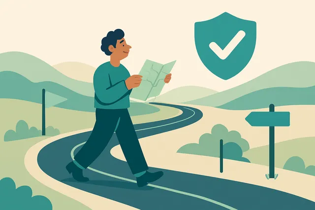 Illustration of a business owner walking a winding road with a map, passing milestone signposts under a shield with a tick, representing AI regulation as a clear timeline to follow