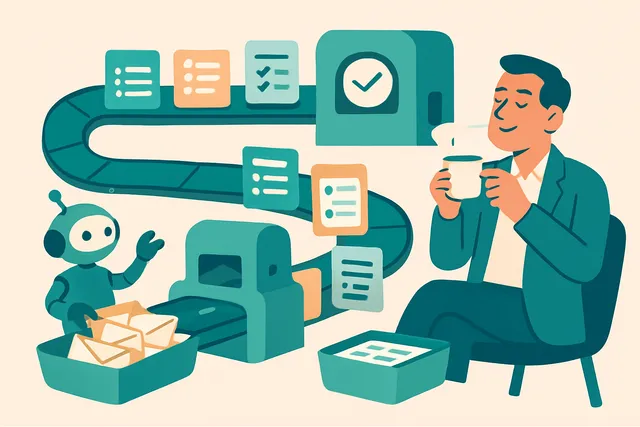 Illustration of office tasks flowing along a tidy conveyor tended by a small robot while a business owner relaxes with a cup of tea, representing repetitive admin handled automatically