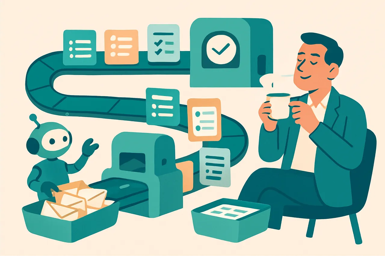 Illustration of office tasks flowing along a tidy conveyor tended by a small robot while a business owner relaxes with a cup of tea, representing repetitive admin handled automatically
