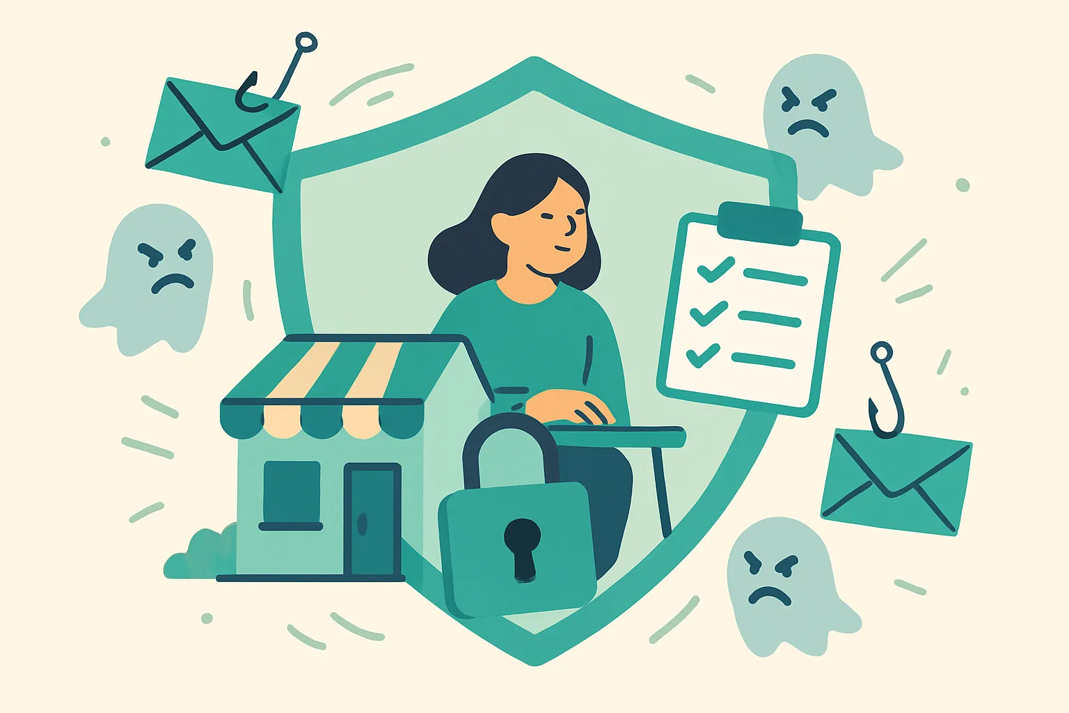 A small business protected by a shield, with threats bouncing off