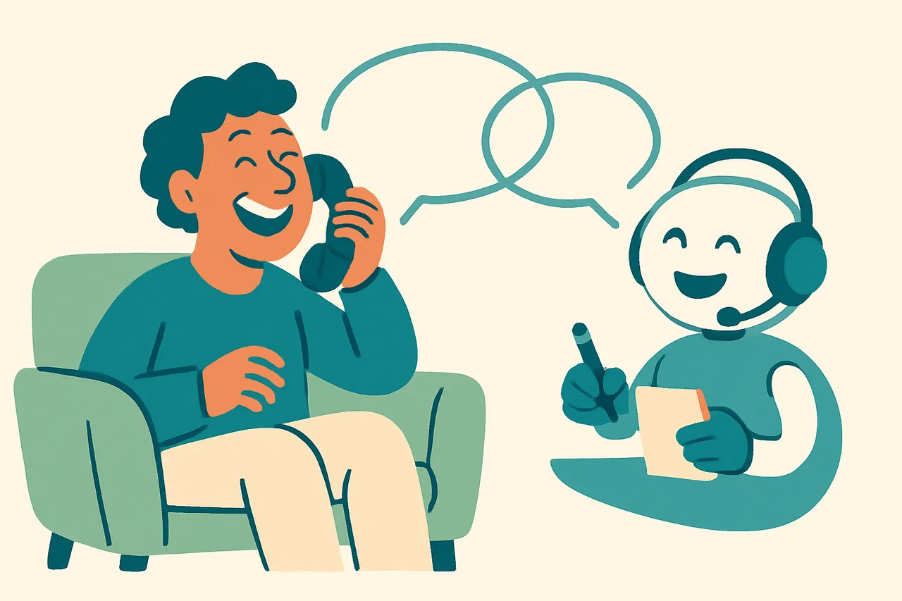 Illustration of a person laughing warmly into a telephone at home while a friendly robot wearing a headset chats back and takes a note, representing callers enjoying a conversation with an AI receptionist