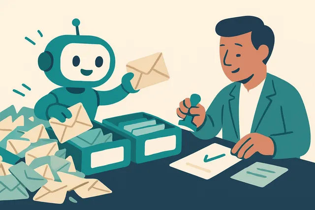 Illustration of a small robot sorting a chaotic pile of envelopes into tidy trays while a business owner approves a letter with a tick stamp, representing inbox triage with human review