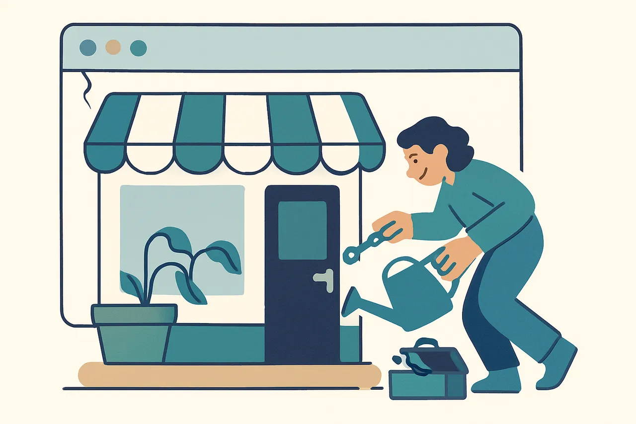 Illustration of a website drawn as a little shopfront inside a browser window, slightly cracked, being tended by a person with a watering can and toolbox, representing quiet neglect being fixed by care