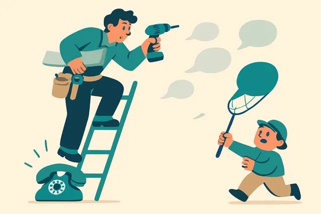 Illustration of a tradesperson up a ladder unable to answer a ringing phone while enquiries drift away as speech bubbles, one being caught in a net by a helper