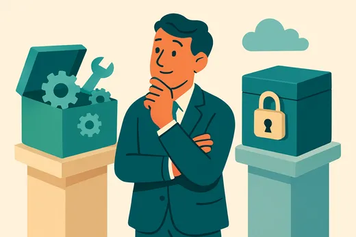 Illustration of a thoughtful business owner comparing an open box of visible gears with a sealed padlocked box under a cloud, representing open-weight versus closed AI models