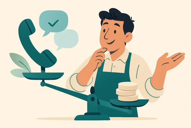 Illustration of a small business owner weighing a telephone against a stack of coins on a balance scale, representing the cost of an AI receptionist against the value of answered calls