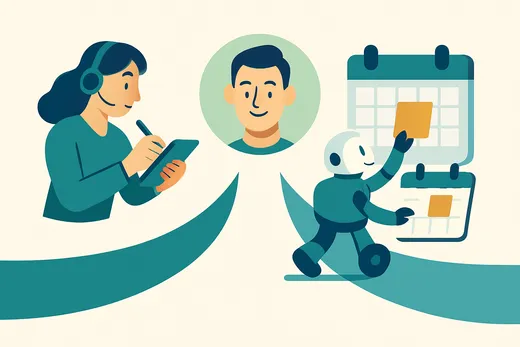 Illustration of two call-handling routes side by side, a person with a headset taking a message and a friendly robot booking a calendar slot, both leading to the same happy customer