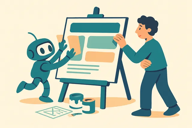Illustration of a person and a small robot building a website together at an easel, the robot placing layout blocks while the person adjusts one thoughtfully, representing AI and human collaboration in web design
