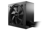 A 3D rendering of a black power supply unit with a fan and a cord, set against a white background.