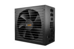 A black power supply with a large fan in the front and a logo that says 'be quiet!' in the center.