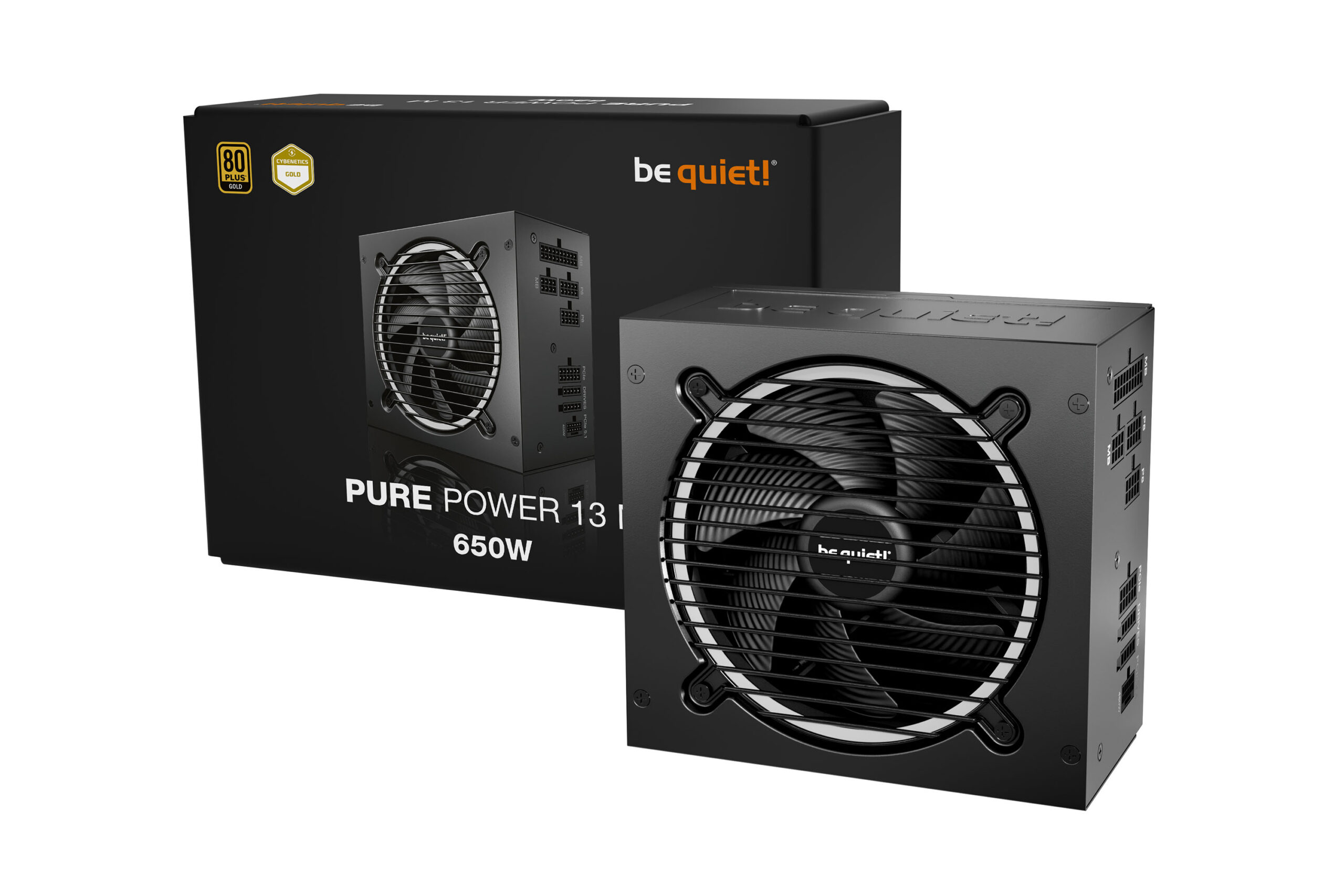 be quiet PURE POWER 13 M 650W Power Supply A black cardboard box for a be quiet PURE POWER 13 M 650W Power Supply with a large image of the power supply on the front and the brand name and model name printed in white