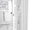 White PC case interior with be quiet fan and drive bays