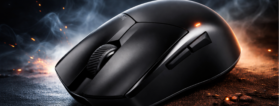 be quiet! Dark Perk Ergo and Sym Gaming Mice be quiet! Dark Perk Ergo and Dark Perk Sym gaming mice side by side on a dark surface with orange accent lighting