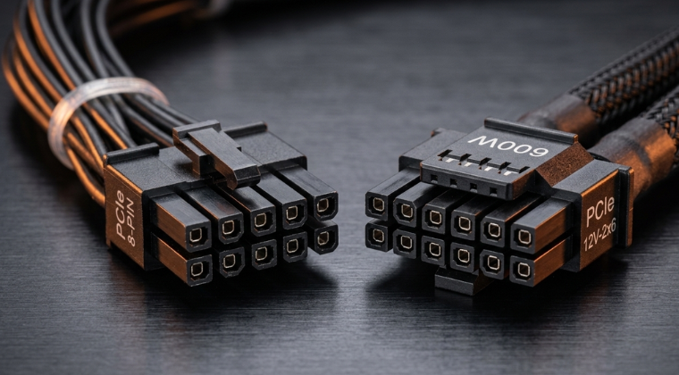 Macro comparison of a 12V-2x6 16-pin GPU power connector and a legacy 8-pin PCIe connector showing pin differences