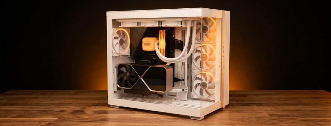 PC components laid out on a desk ready to be assembled, including a motherboard, GPU, and be quiet! mid-tower case