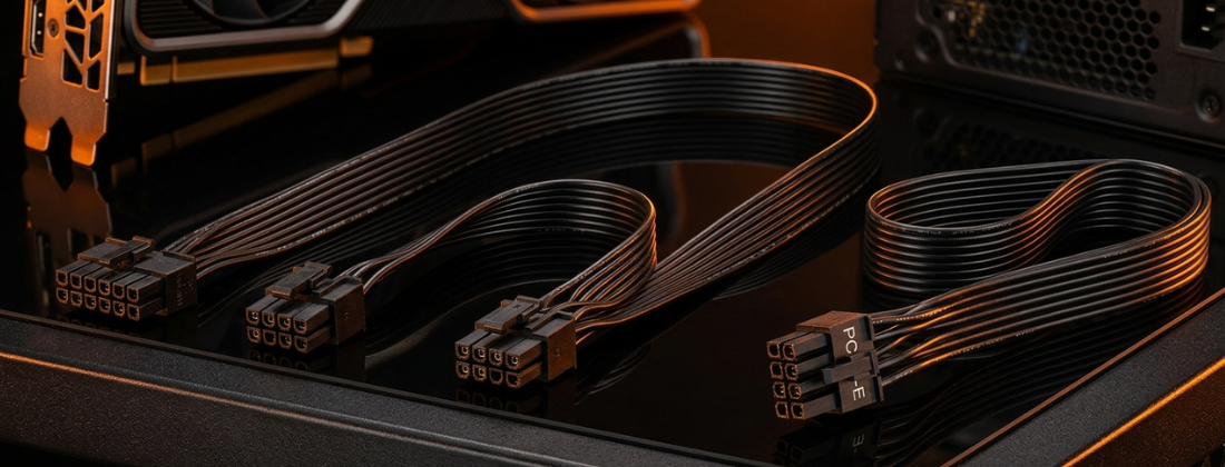PCIe GPU power cables including daisy-chain pigtail and single connector cables laid out on a dark surface