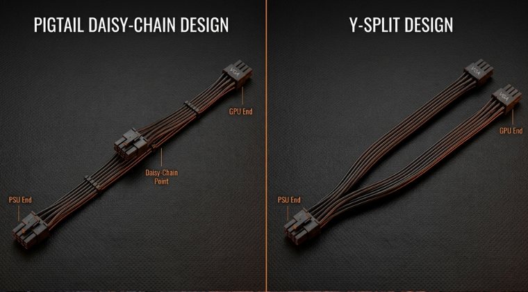 Side by side comparison of a pigtail daisy-chain PCIe cable and a Y-split PCIe cable design