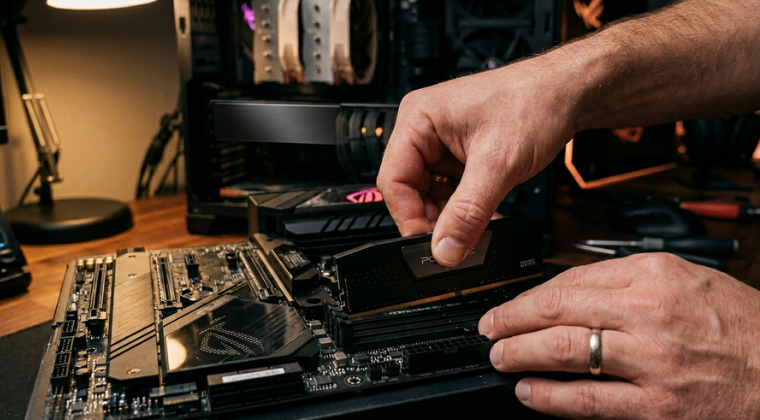 Hands installing a DDR5 RAM module into a motherboard during a PC build
