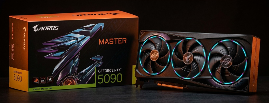 High-end gaming PC build interior showing RTX 5090 graphics card with 12V-2x6 power connector