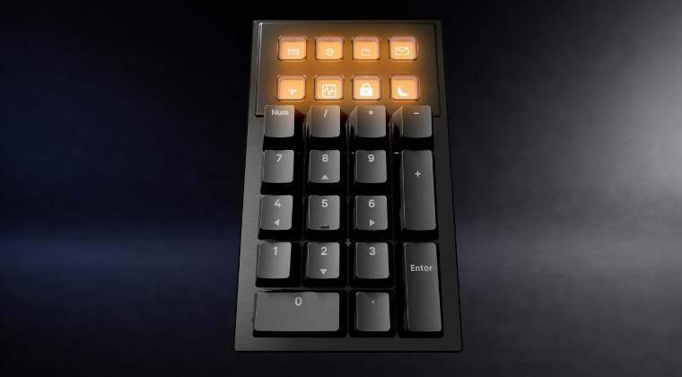 Dark Mount Display Keys and Media Dock in use be quiet! Dark Mount numpad with Display Keys showing custom icons and Media Dock screen with time display