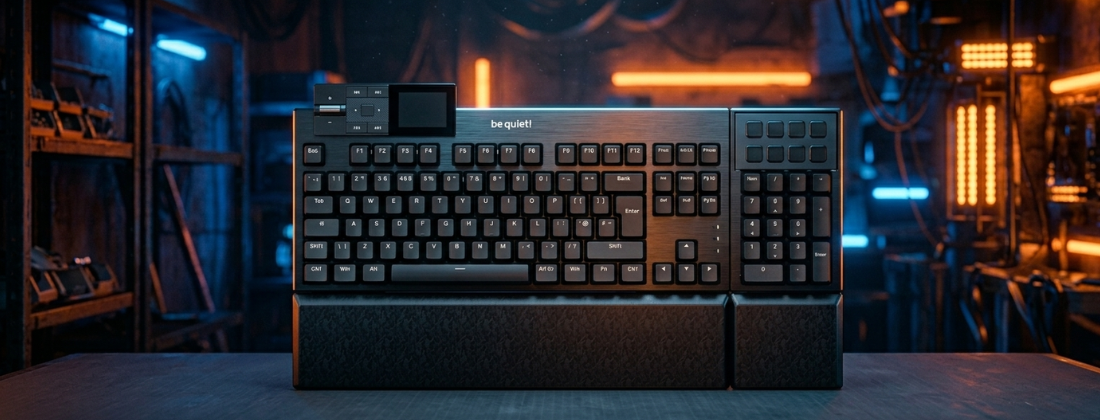be quiet! Dark Mount Keyboard: Full Modular Setup be quiet! Dark Mount modular mechanical keyboard with numpad and Media Dock attached, RGB lighting on dark background
