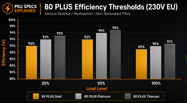 Efficiency thresholds for 80 PLUS Gold, Platinum and Titanium PSUs at 20 percent, 50 percent and 100 percent load on 230V EU mains supply