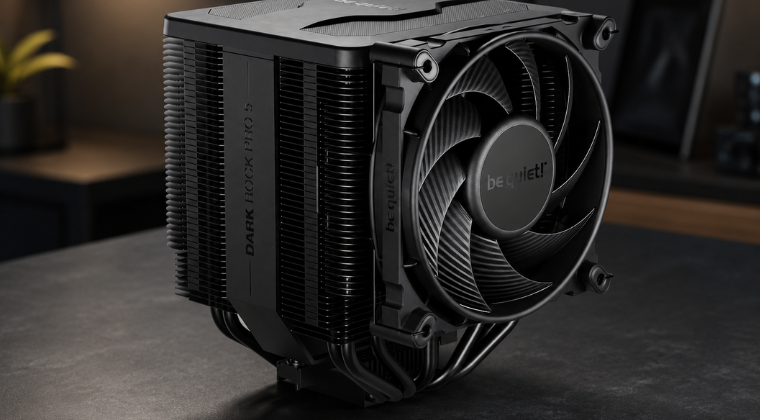 be quiet! Dark Rock Pro 5 CPU Cooler be quiet! Dark Rock Pro 5 CPU cooler with bundled Silent Wings fans on a dark studio background