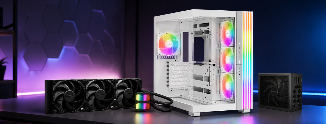 Is be quiet! a Good Brand? Honest Review Selection of be quiet! PC hardware including a CPU cooler, PSU, case fans and PC case arranged on a dark studio surface