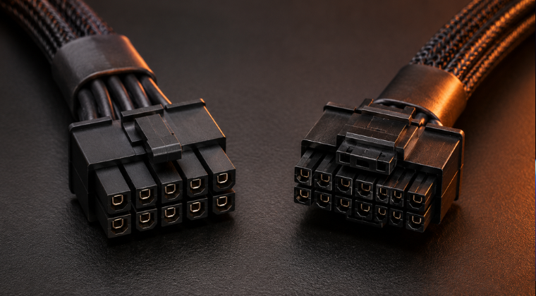 PCIe 8-pin and 12V-2x6 PSU connectors placed side by side showing the difference in pin count and connector size for modern graphics cards