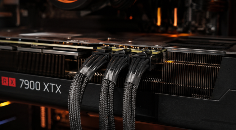 Connecting three 8-pin PCIe connectors to a GPU Three PCIe 6+2 pin connectors connected to an AMD GPU inside a PC case