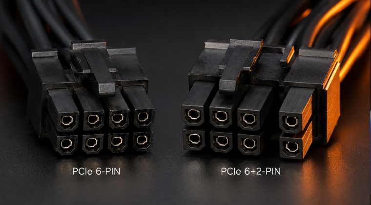 PCIe 6-pin vs 8-pin connectors PCIe 6-pin and 6+2-pin power connectors side by side showing pin layout differences