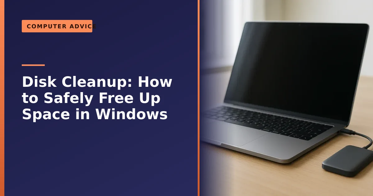 A laptop with an external drive on a tidy desk