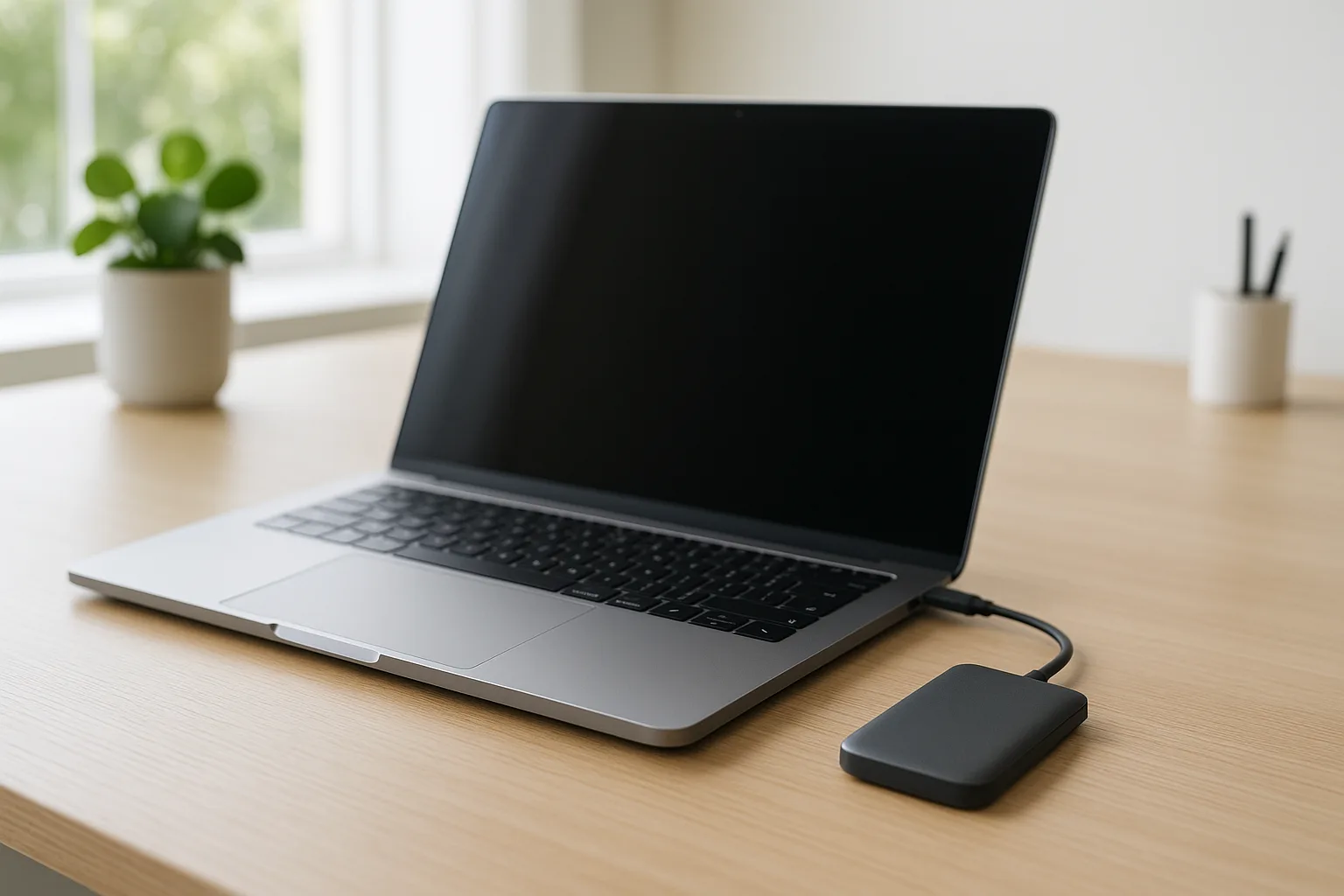 An external drive beside a laptop on a desk