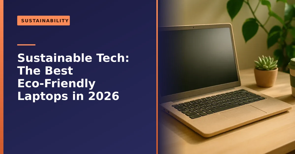 A laptop with a recycled-material casing surrounded by green plants