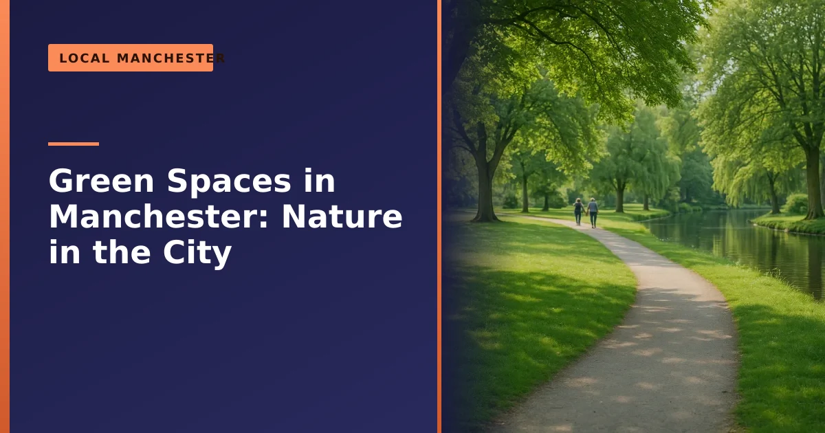 A leafy green park with a path and lake in Manchester