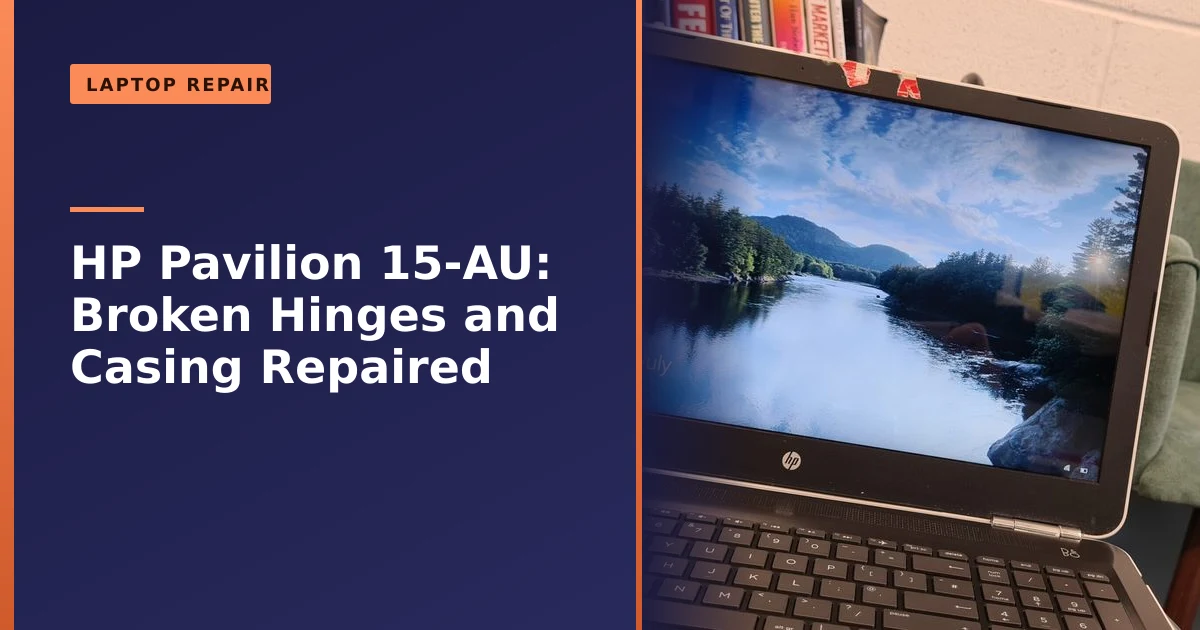 An HP Pavilion 15-AU laptop repaired with new hinges and casing