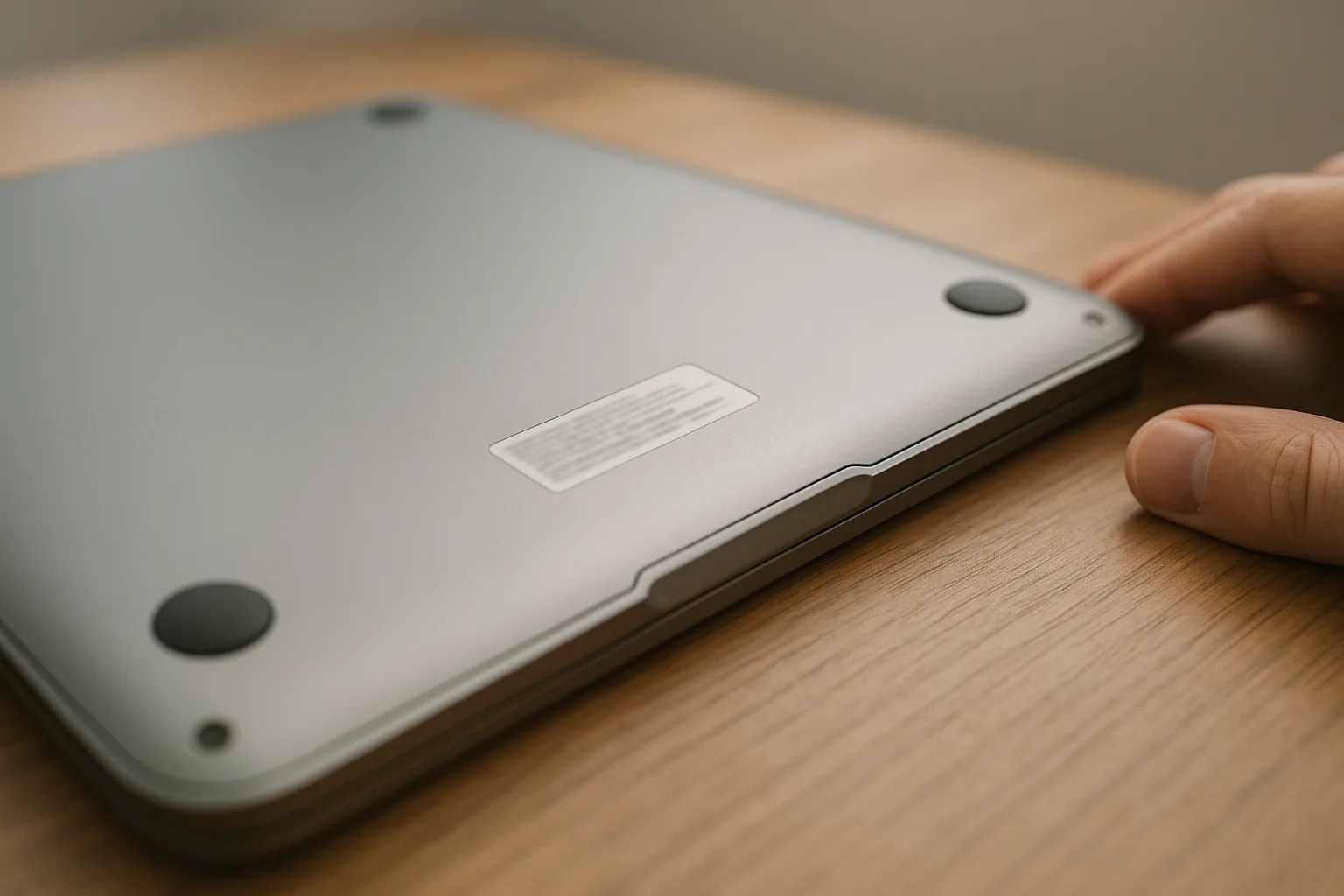 The underside of a laptop showing a product information label