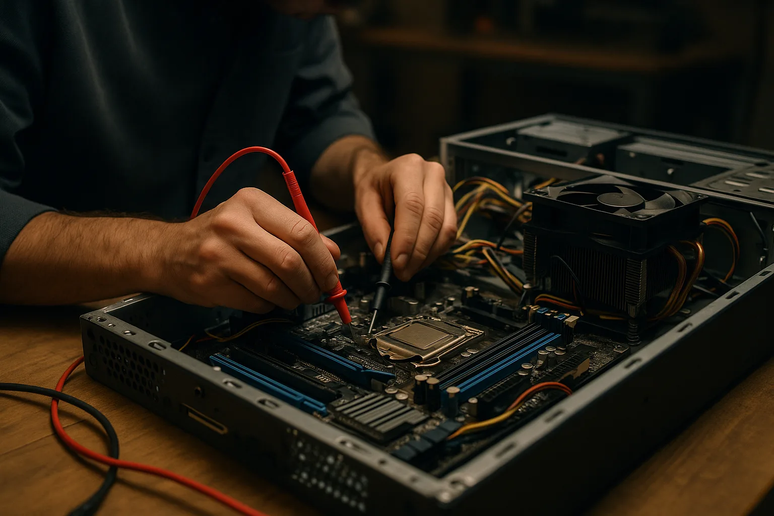 A technician working carefully on a desktop computer's motherboard