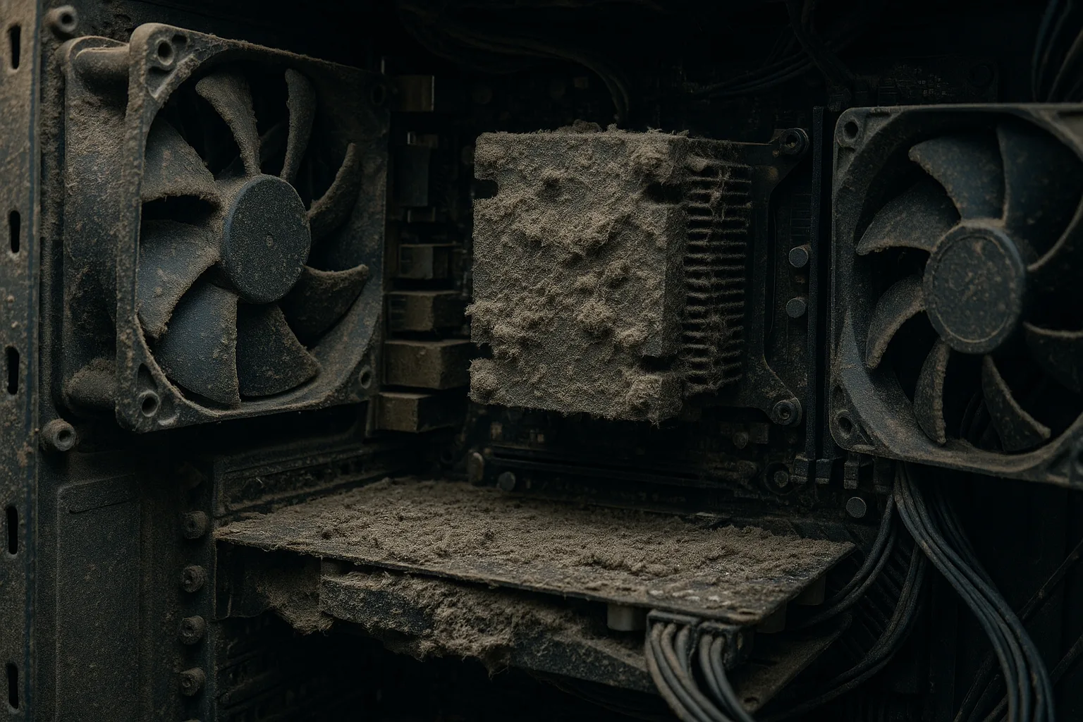 Dust-clogged cooling fans and heatsink inside a computer