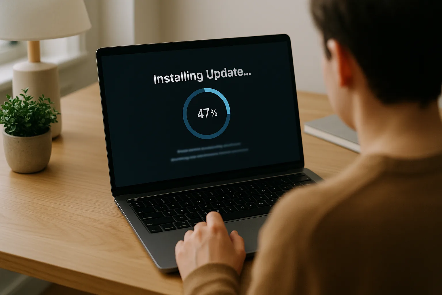 A person installing a software update on a laptop, a progress ring on screen