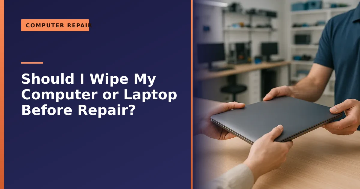 A customer handing a laptop to a repair technician