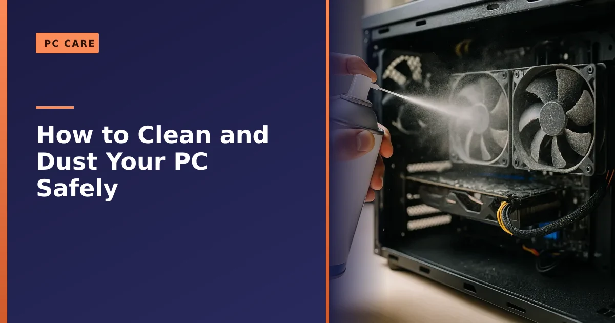 Open desktop gaming PC case with visible fans, graphics card and CPU cooler being dusted clean