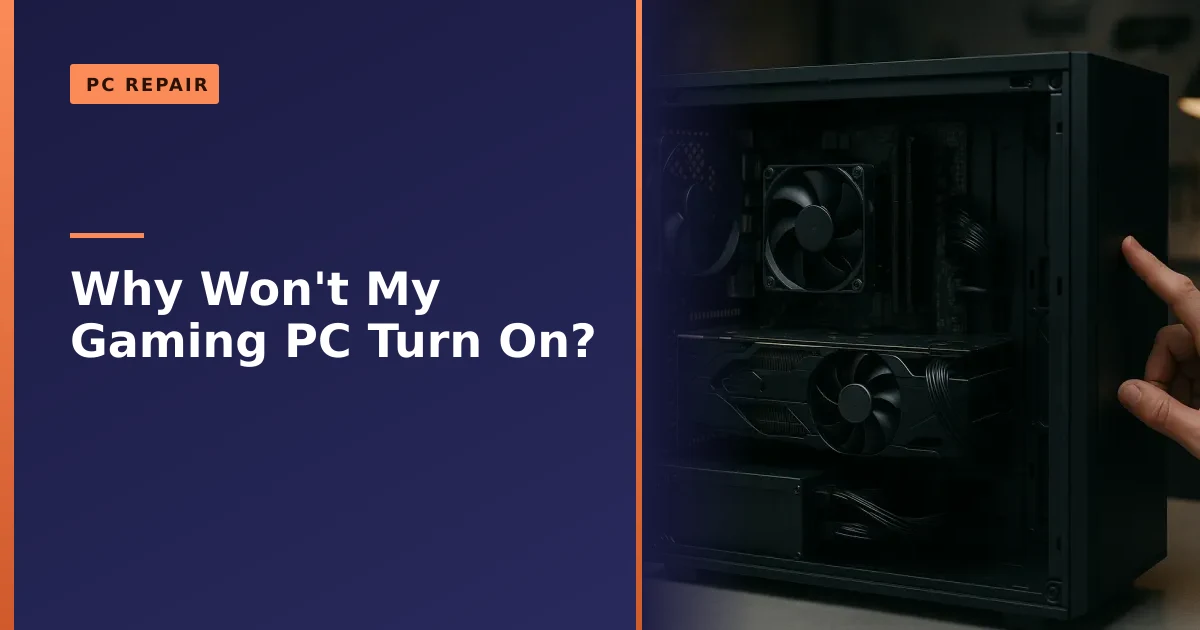 Interior of a desktop gaming PC showing the power supply, motherboard power connectors and RAM during a no-power diagnosis