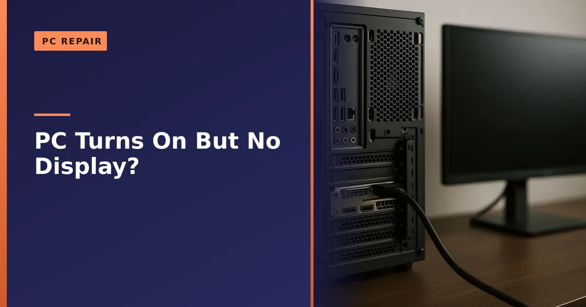 Open desktop PC tower on a workbench next to a dark monitor showing no signal, with the graphics card and RAM slots visible