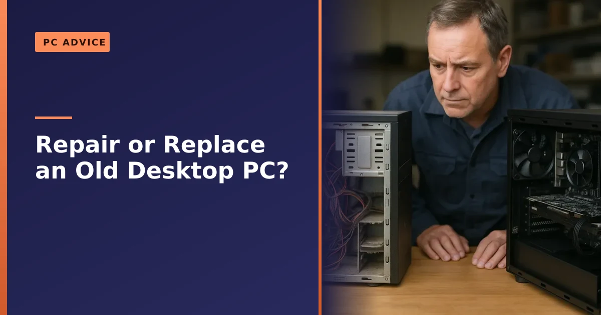 Open desktop tower PC on a workbench with an SSD, memory sticks and a graphics card ready to be fitted as upgrades